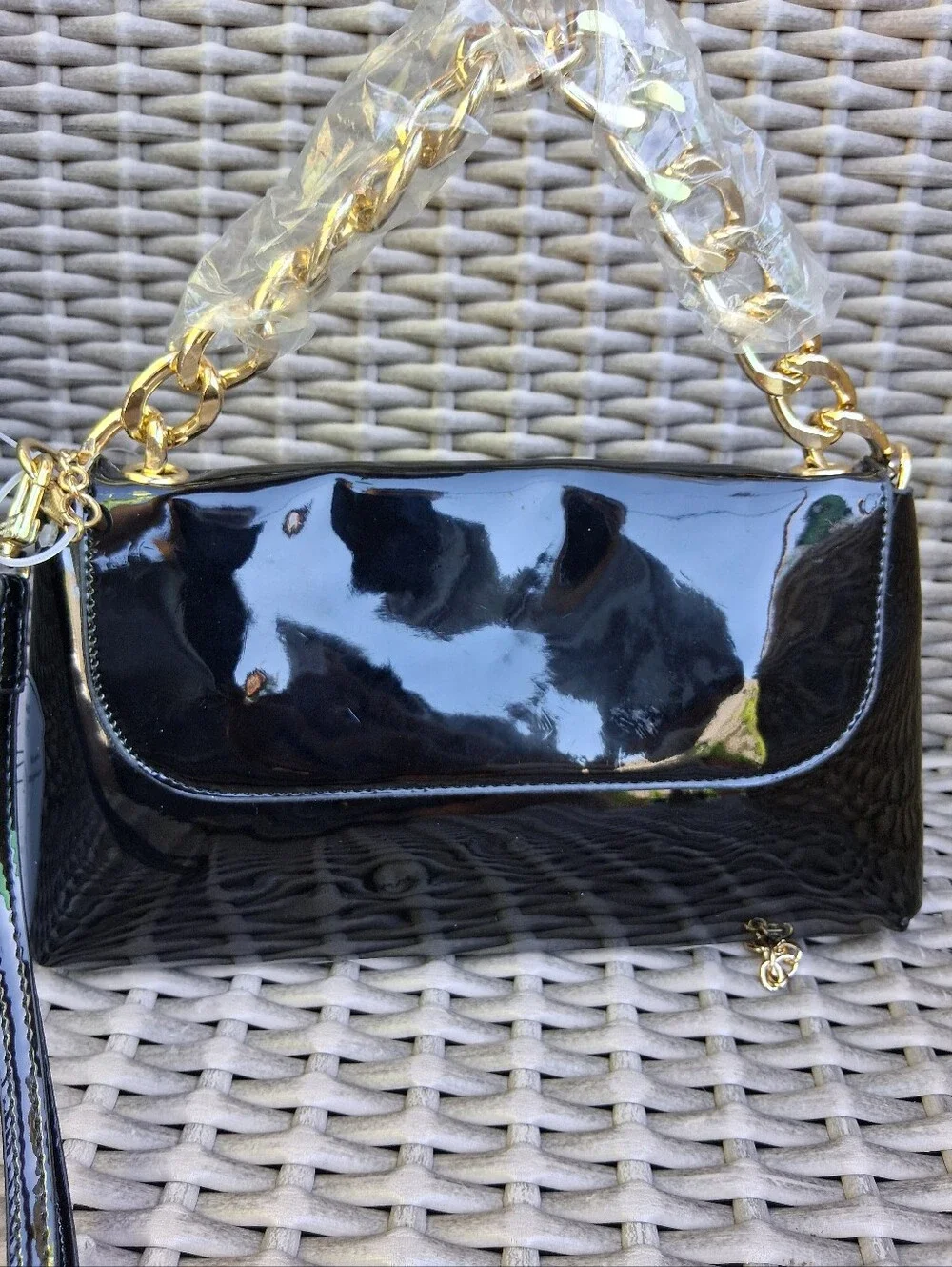 Steve Madden Black Patent Shoulder Bag with Gold Chain Accent